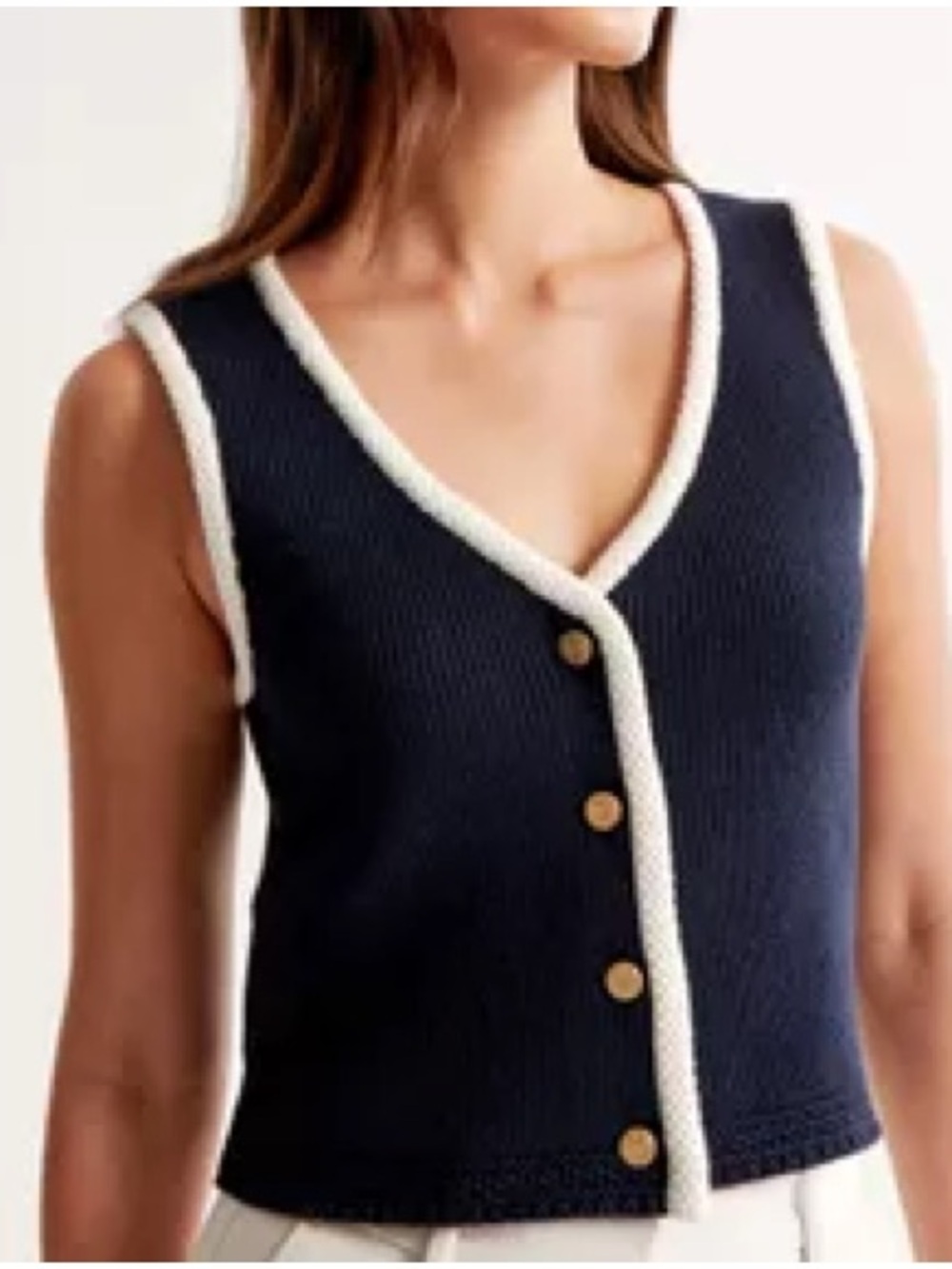 Navy Contrast Trim Knit Vest Button Front Preppy XL Fits M